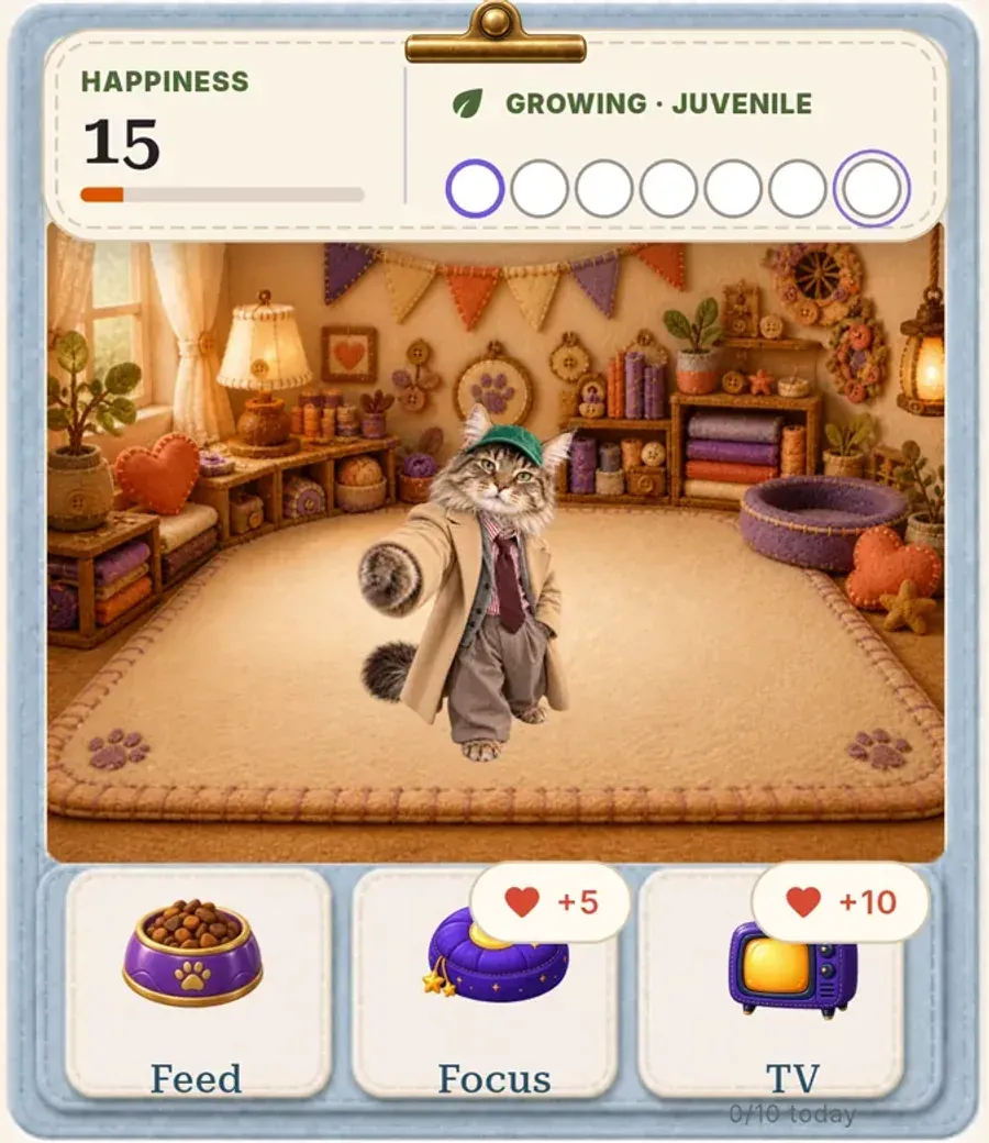 A personal PetPip companion with its room, growth display, and care actions.