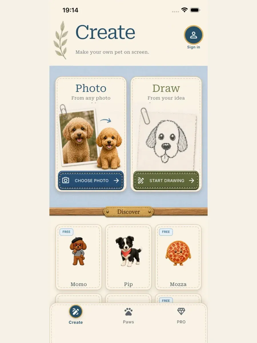 The actual PetPip Create screen showing Photo, Draw, and Discover as different starting points.