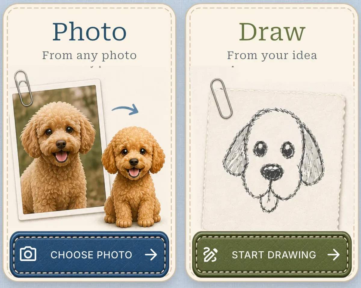 PetPip’s Photo and Draw creation choices in the real app interface.