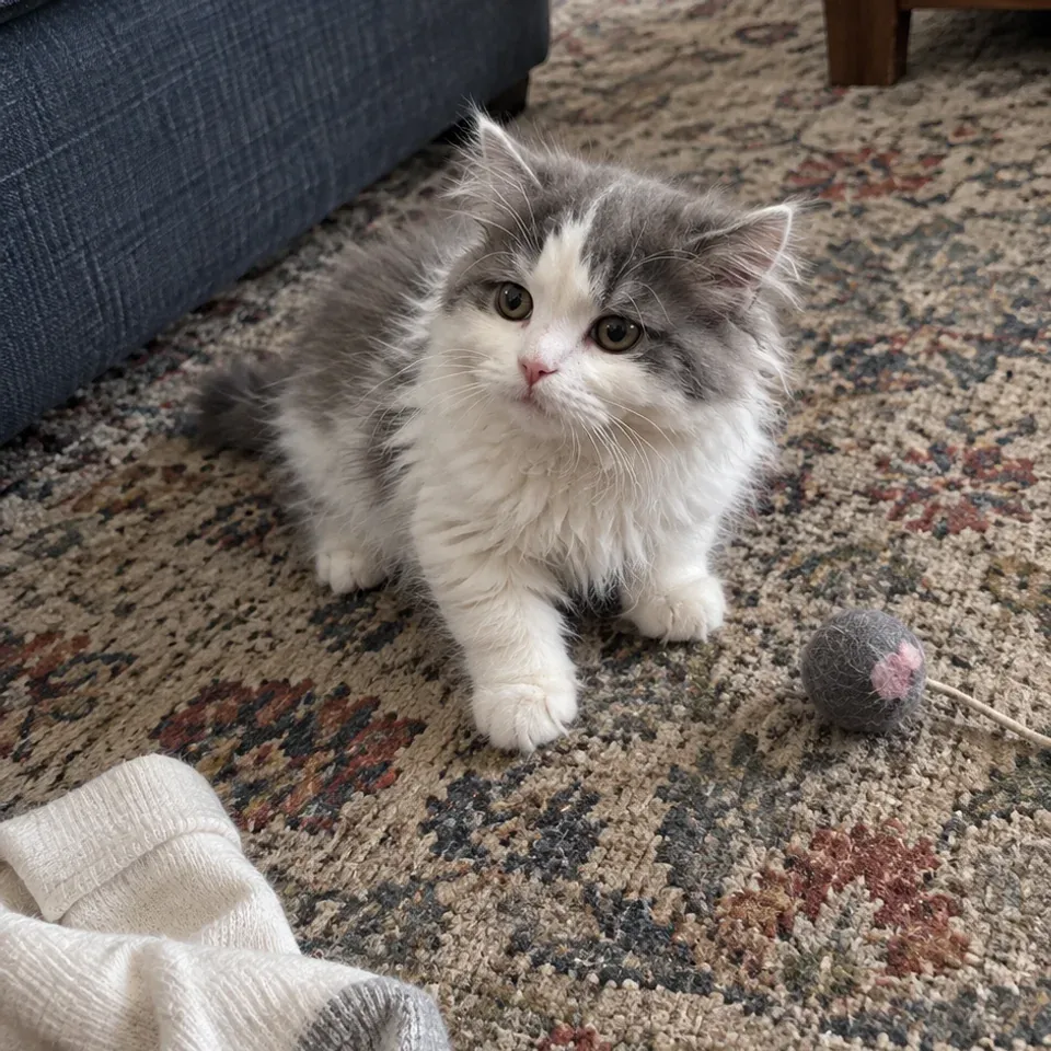 A gray-and-white fluffy kitten source image made for an internal PetPip creative project.