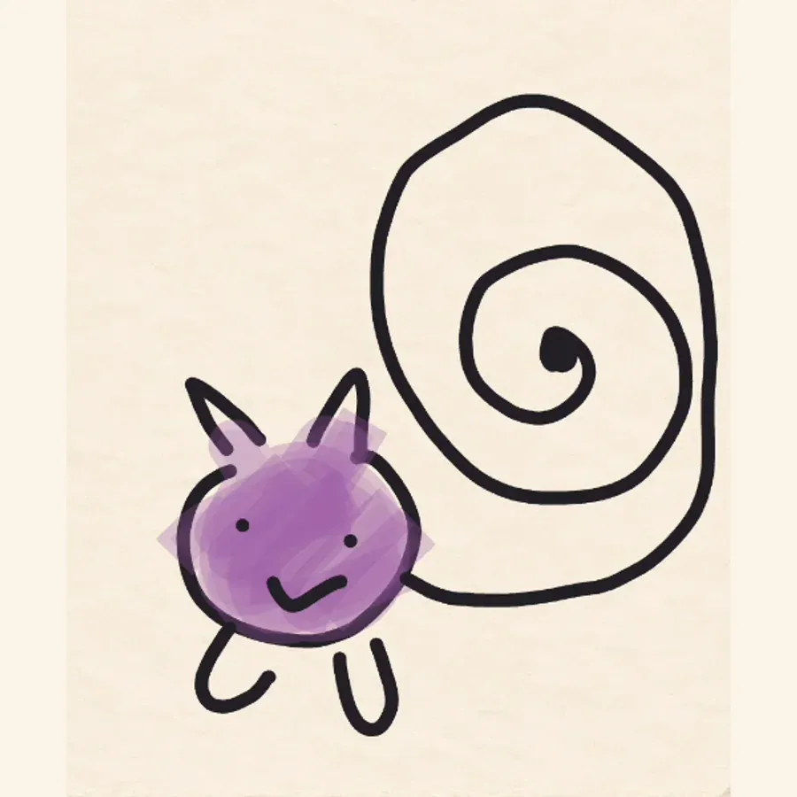 The actual purple doodle with two tiny ears, short legs, and a black spiral tail larger than its head.