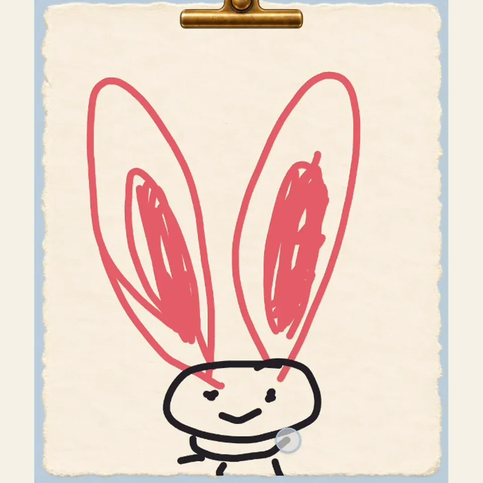 An actual PetPip drawing-canvas crop showing a tiny smiling rabbit under two enormous pink scribbled ears.