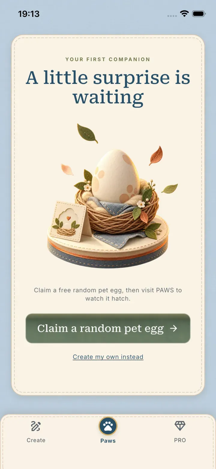 The PetPip Paws tab offering a free random pet egg for a first companion.