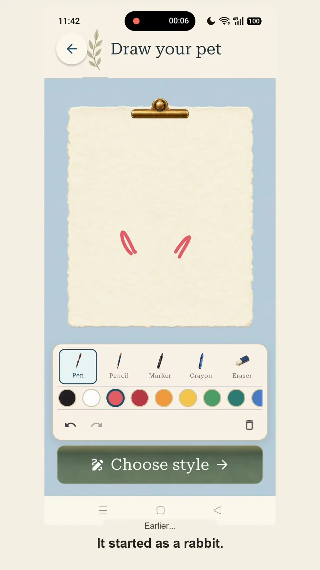 The first two short pink marks of a rabbit drawing on PetPip’s drawing canvas.