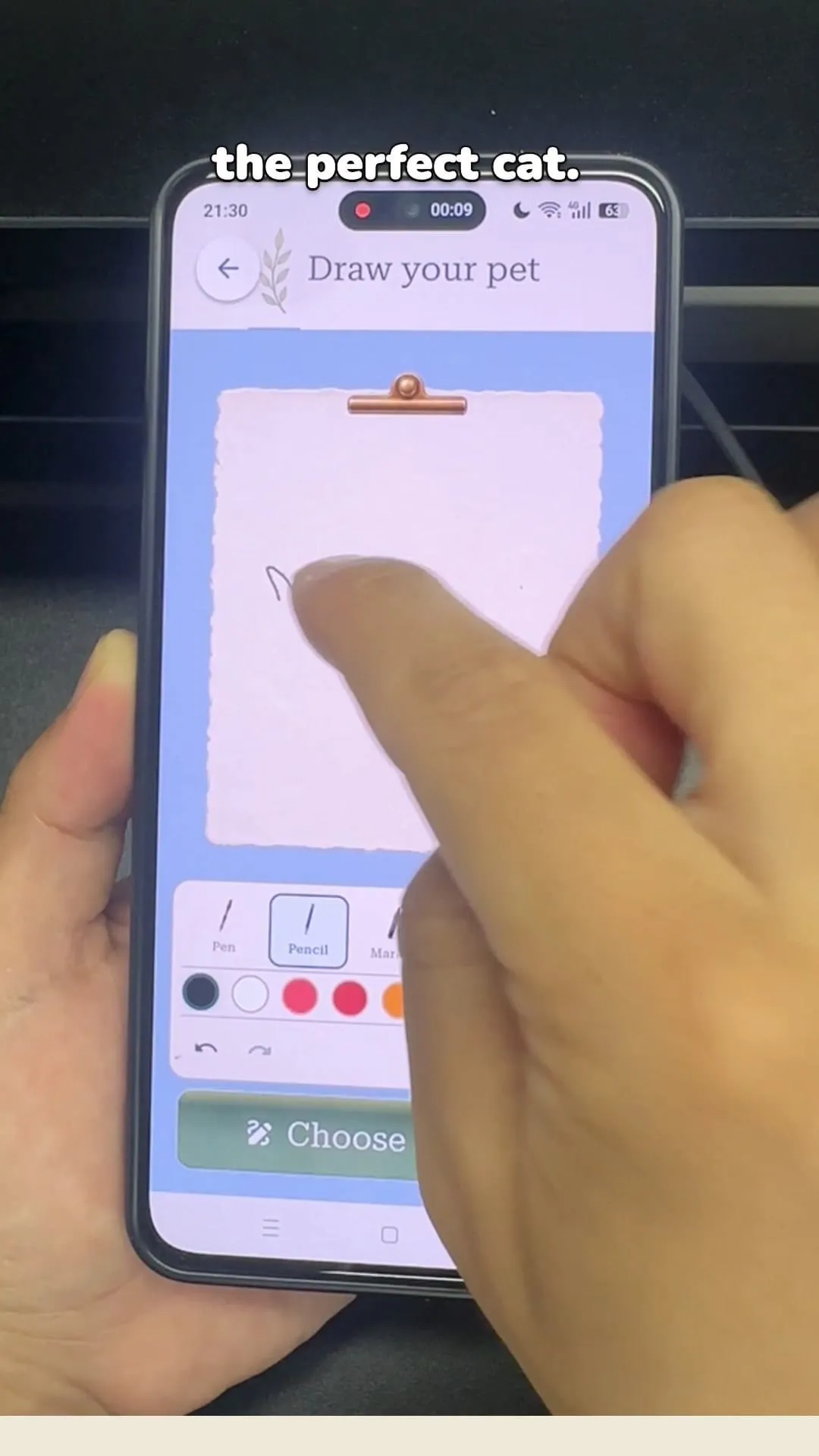 A person beginning a simple animal doodle with the first short line on the PetPip drawing canvas.