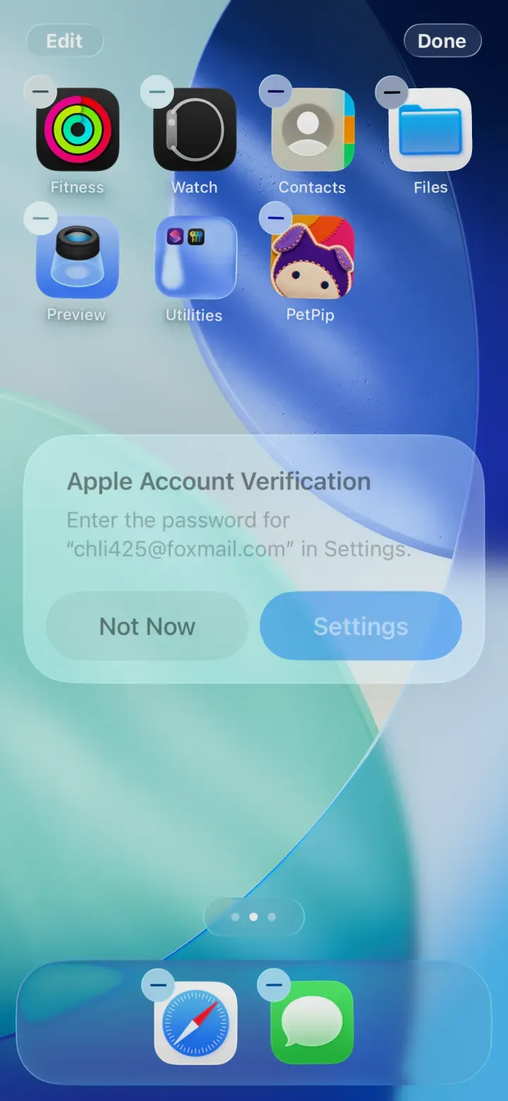 The iPhone Home Screen in edit mode, with the Edit and Done controls visible.