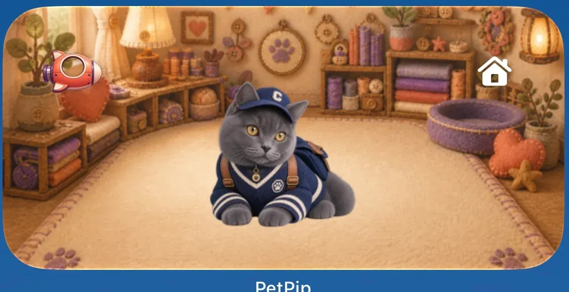 A gray cat wearing a navy cap and jacket in its PetPip Home Screen room on iPhone.