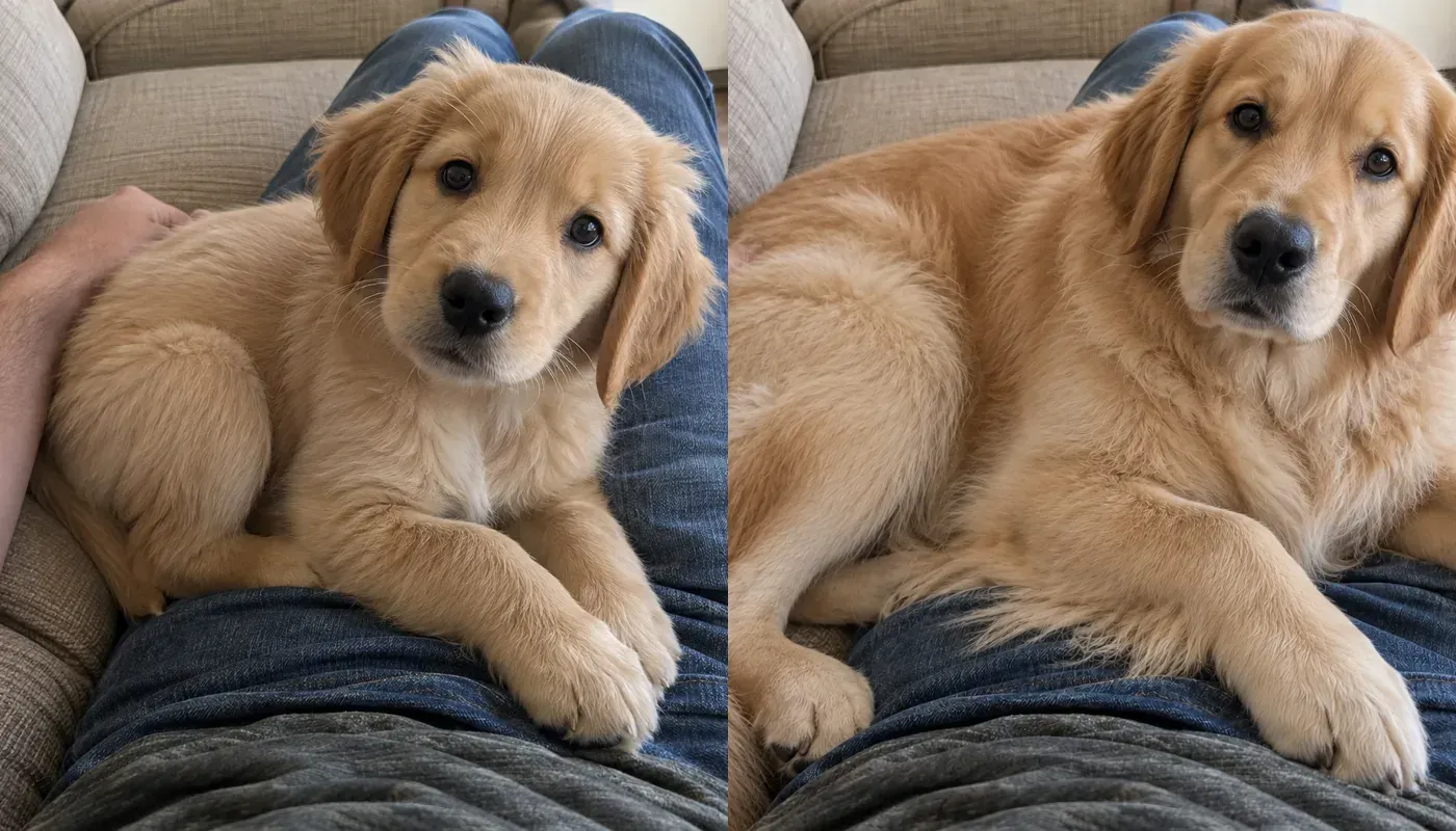 The same golden retriever photographed as a puppy and later as an adult in the same familiar place.