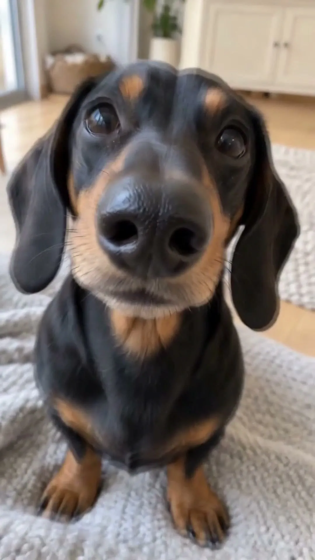 A real black-and-tan dachshund looking toward the camera before becoming the reference for a screen pet.