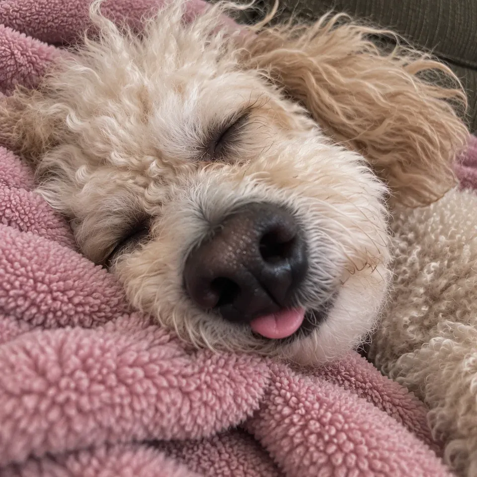 An internal creative close-up of a cream poodle sleeping on a pink blanket, with closed eyes and a tiny tongue tip.