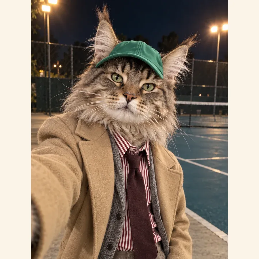The internal source image of a long-eared tabby in a green cap, camel coat, striped shirt, and burgundy tie.
