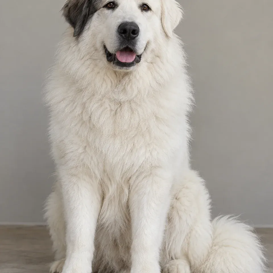 The white dog with a gray ear patch used as the source in an internal PetPip creative project.