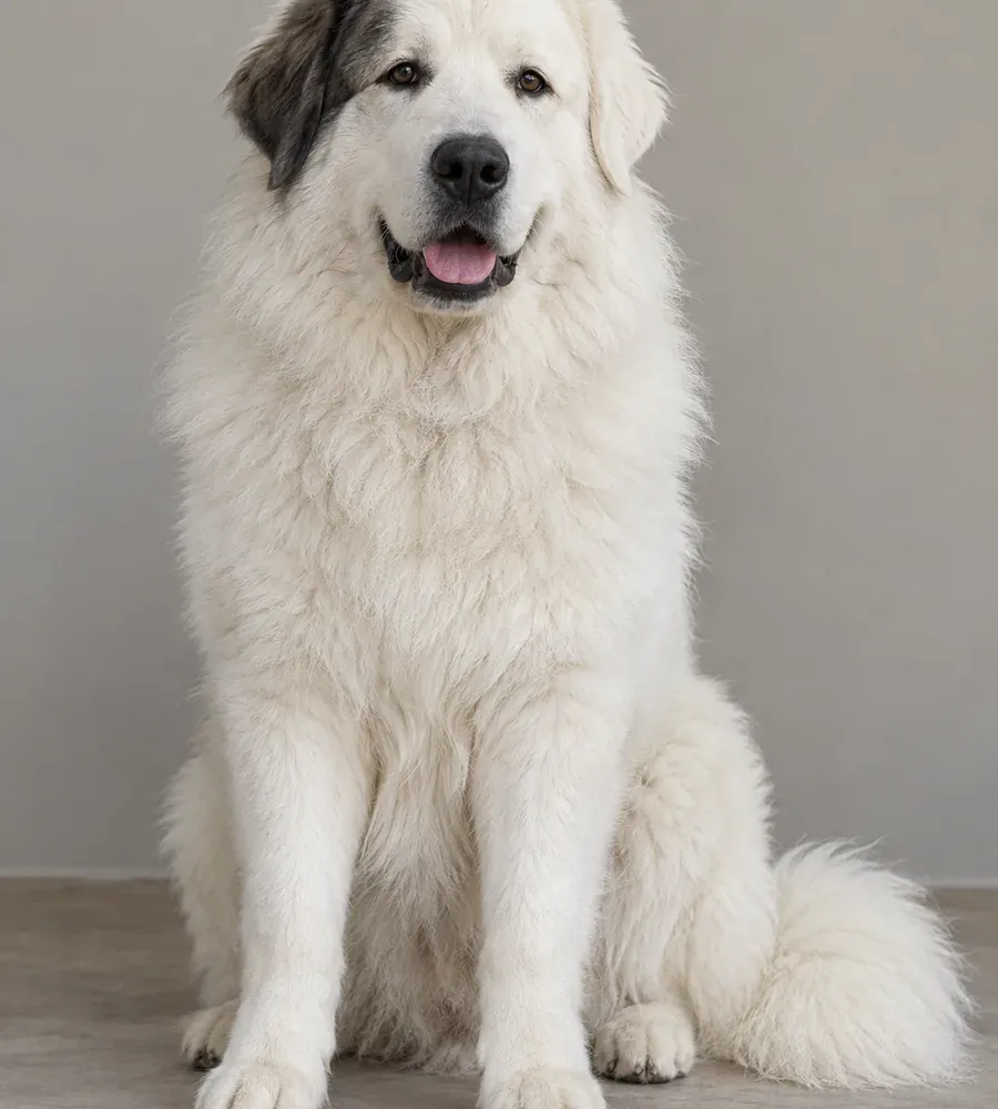 An internal creative source image of a large white fluffy dog with a dark gray patch over one ear.