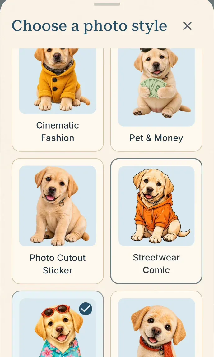 An actual PetPip style-selection screen showing example puppies in different artistic styles.