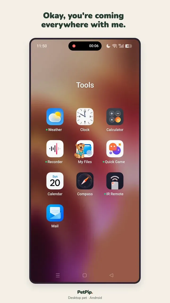 A brown PetPip companion floating over an Android folder in an approved product demonstration.