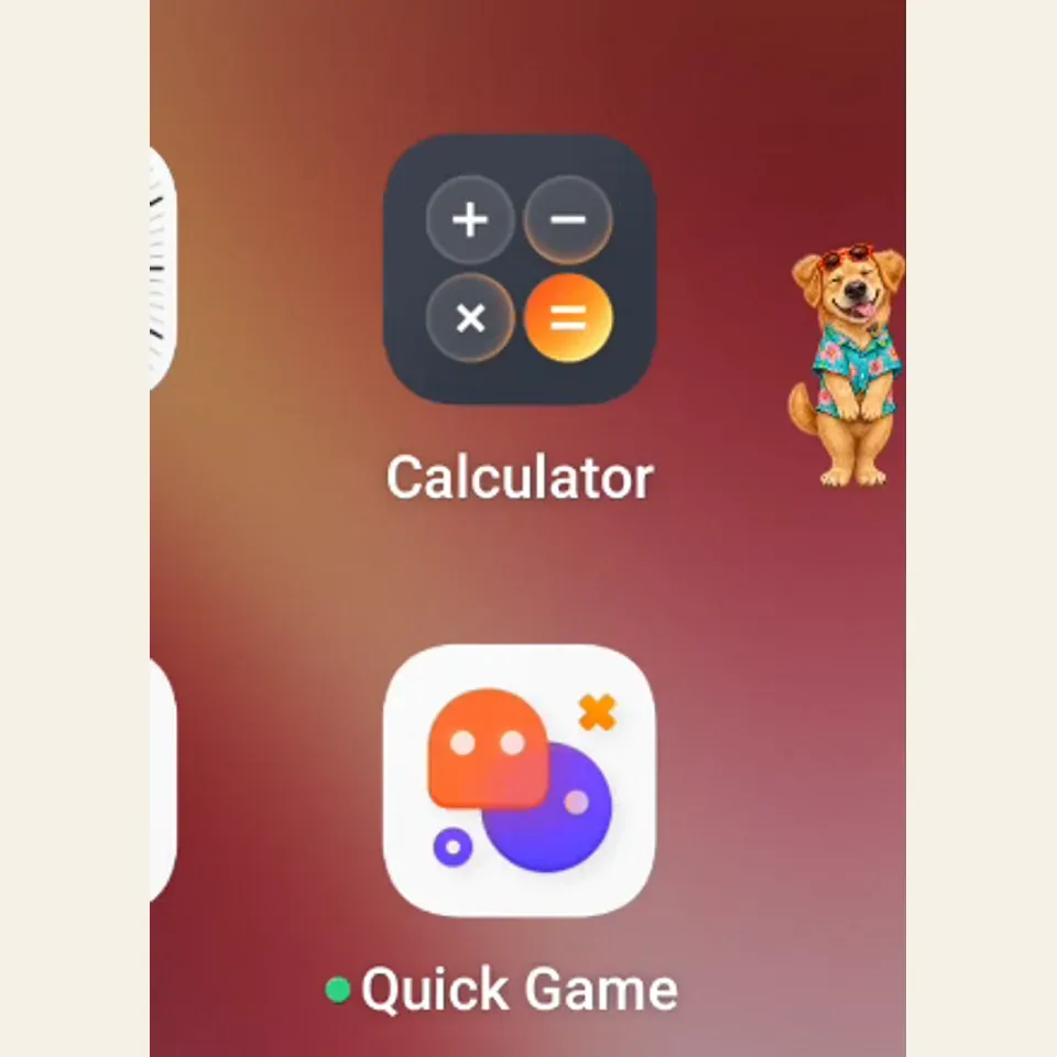 A cropped actual Android recording showing the golden dog companion near the right edge beside an app icon.