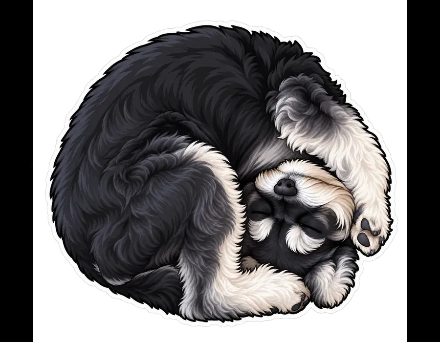 An illustrated schnauzer character retaining the curled sleeping pose from the creative source image.
