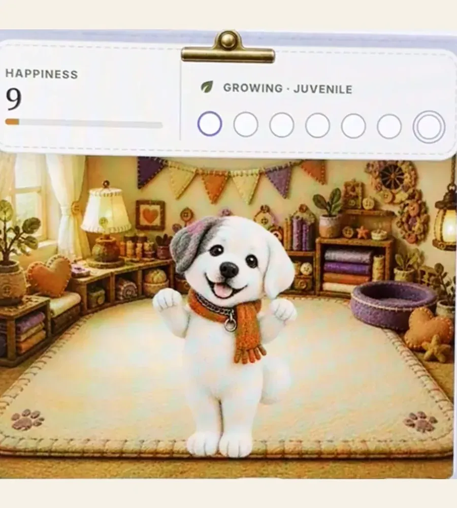 The white fluffy dog companion with a gray ear patch, shown in an actual PetPip recording.