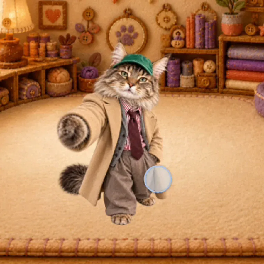 The actual tabby companion in PetPip’s room, retaining the green cap, coat, tie, and tufted ears.