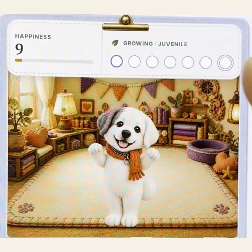 An actual product recording showing a small white PetPip companion with a gray ear patch and orange scarf in its room.