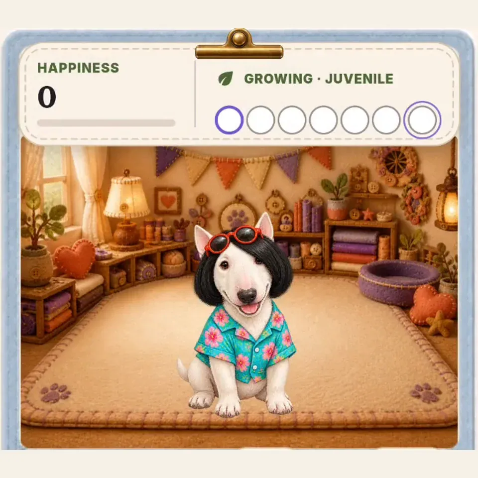 The actual PetPip bull-terrier result with the same black hairstyle and a colorful floral shirt in its room.