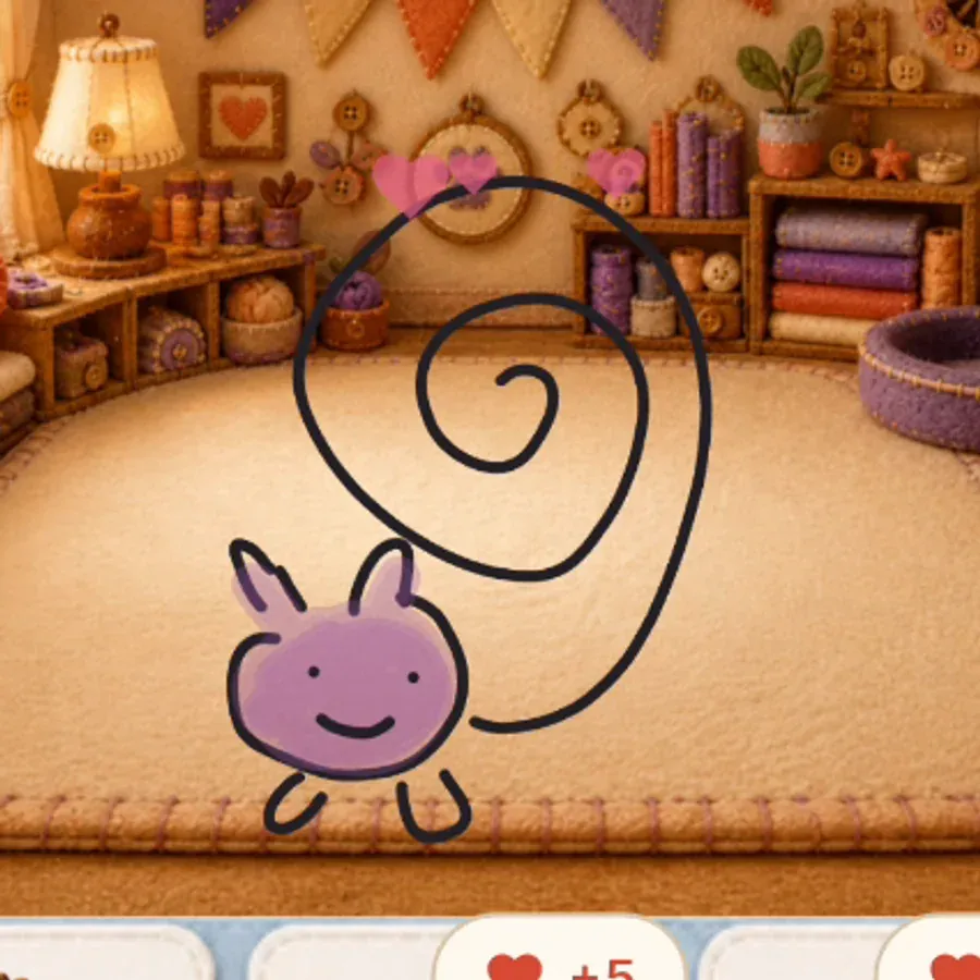 The same spiral-tailed purple character in PetPip’s room, from an actual recorded product example.