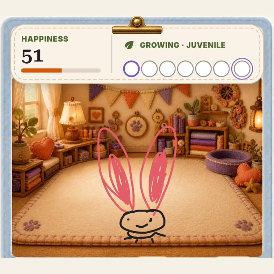 The same flat long-eared rabbit in its room, cropped from an actual PetPip interaction recording.