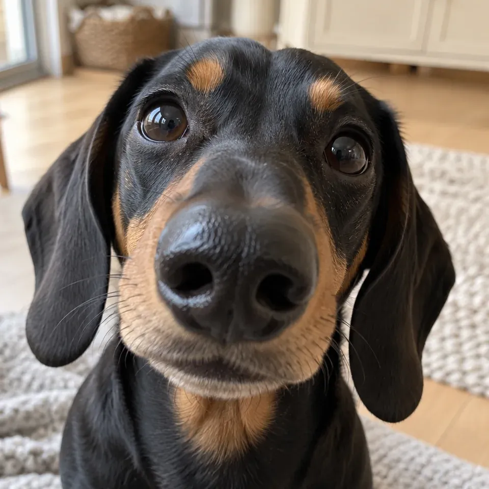 An internal black-and-tan dachshund source image with long dark ears, tan eyebrows, and a tan muzzle.