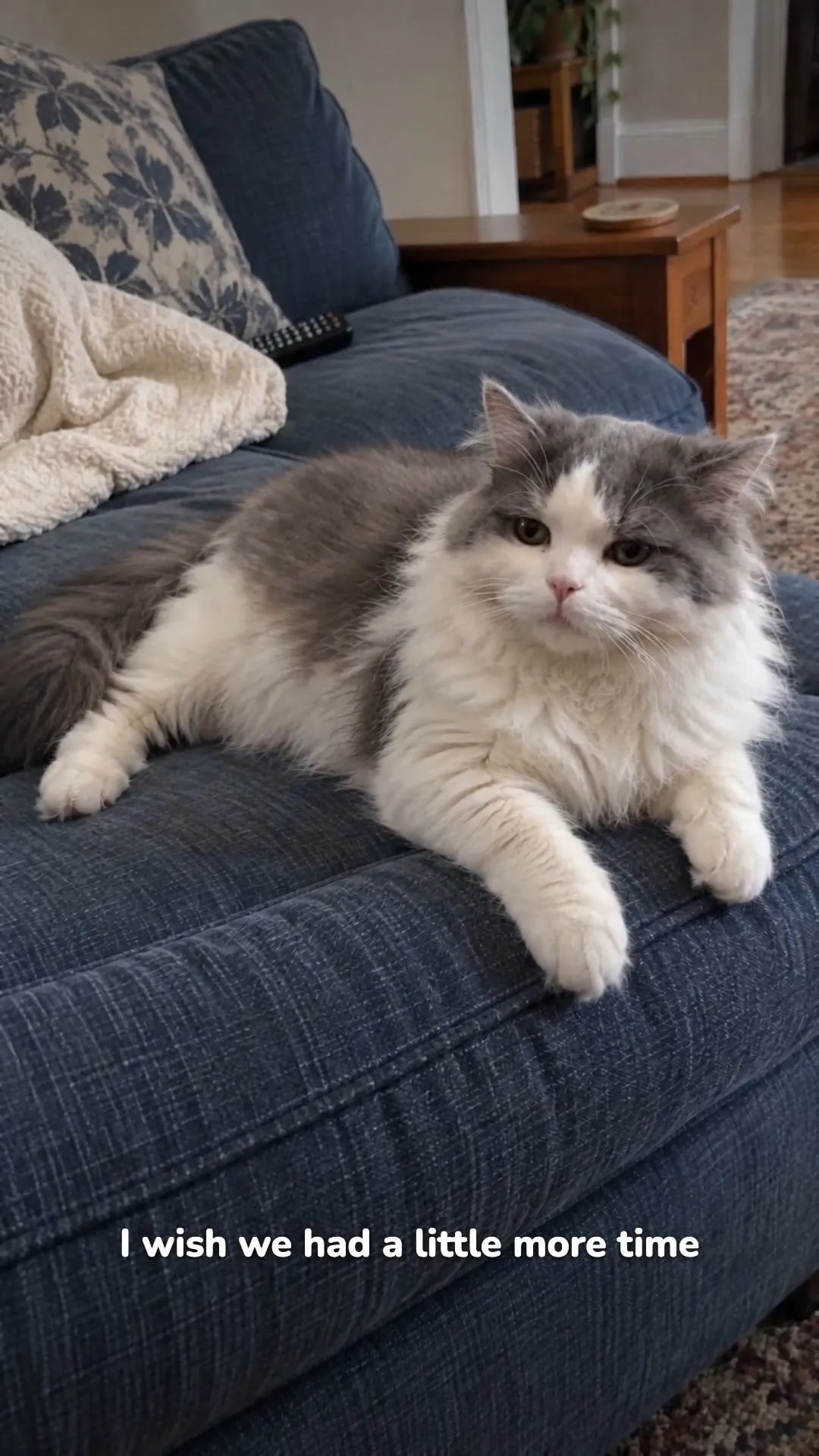 The same gray-and-white cat as an adult, resting beside the familiar blue sofa.