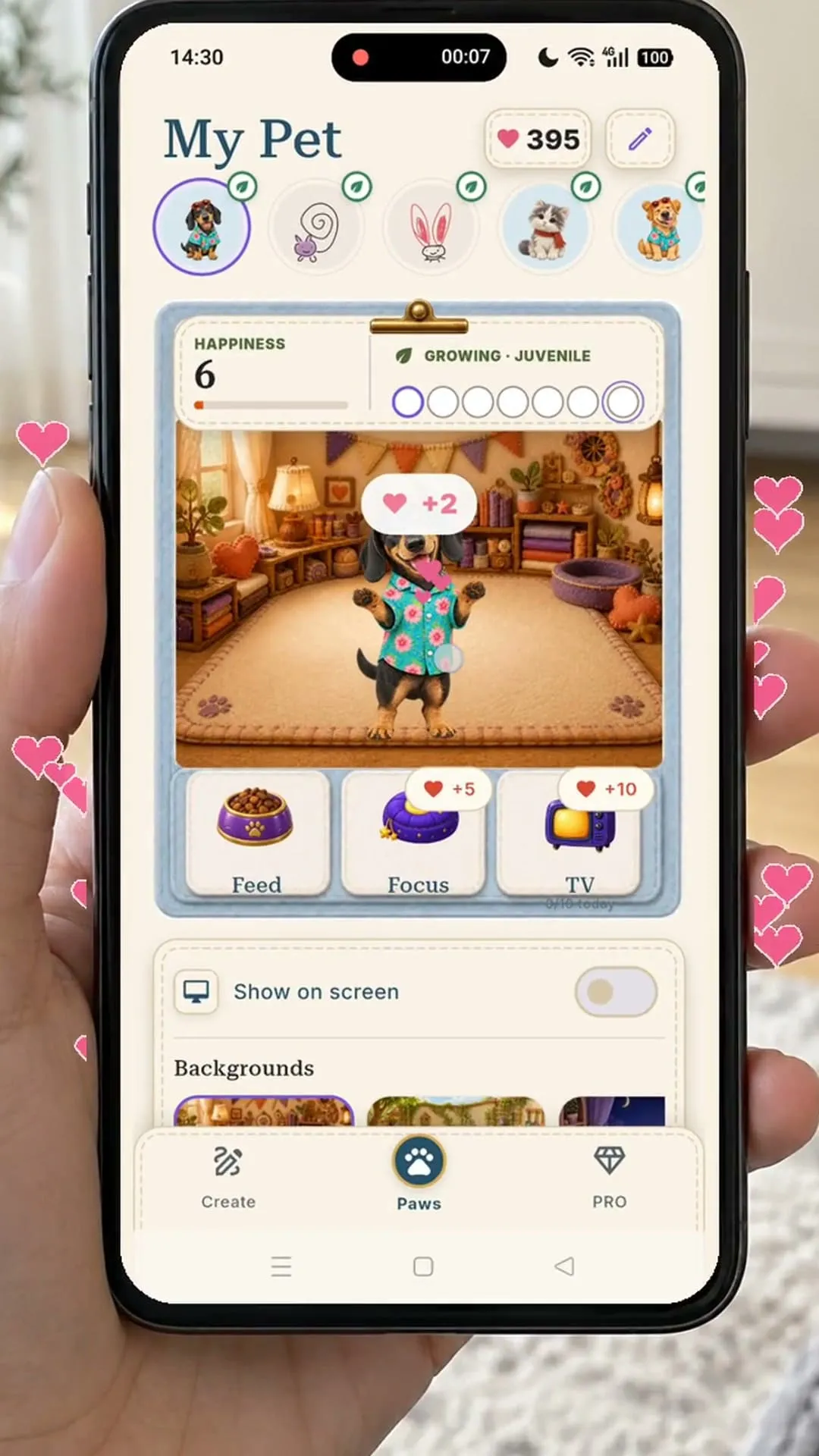 A phone held beside the dachshund, showing a stylized dog companion inside PetPip.