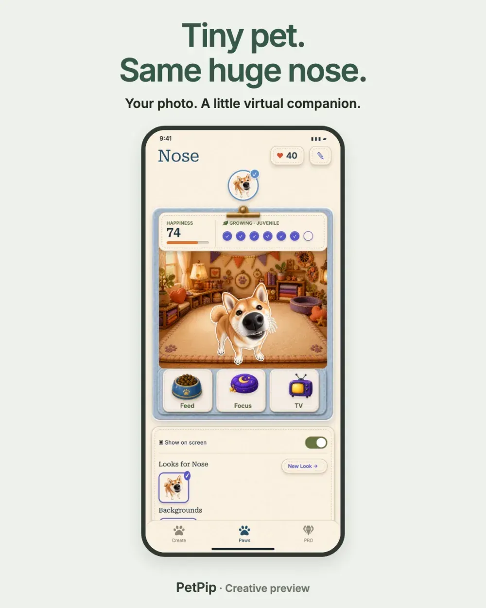 An approved PetPip creative example showing a small Shiba Inu virtual pet with the same oversized nose as the source photo.