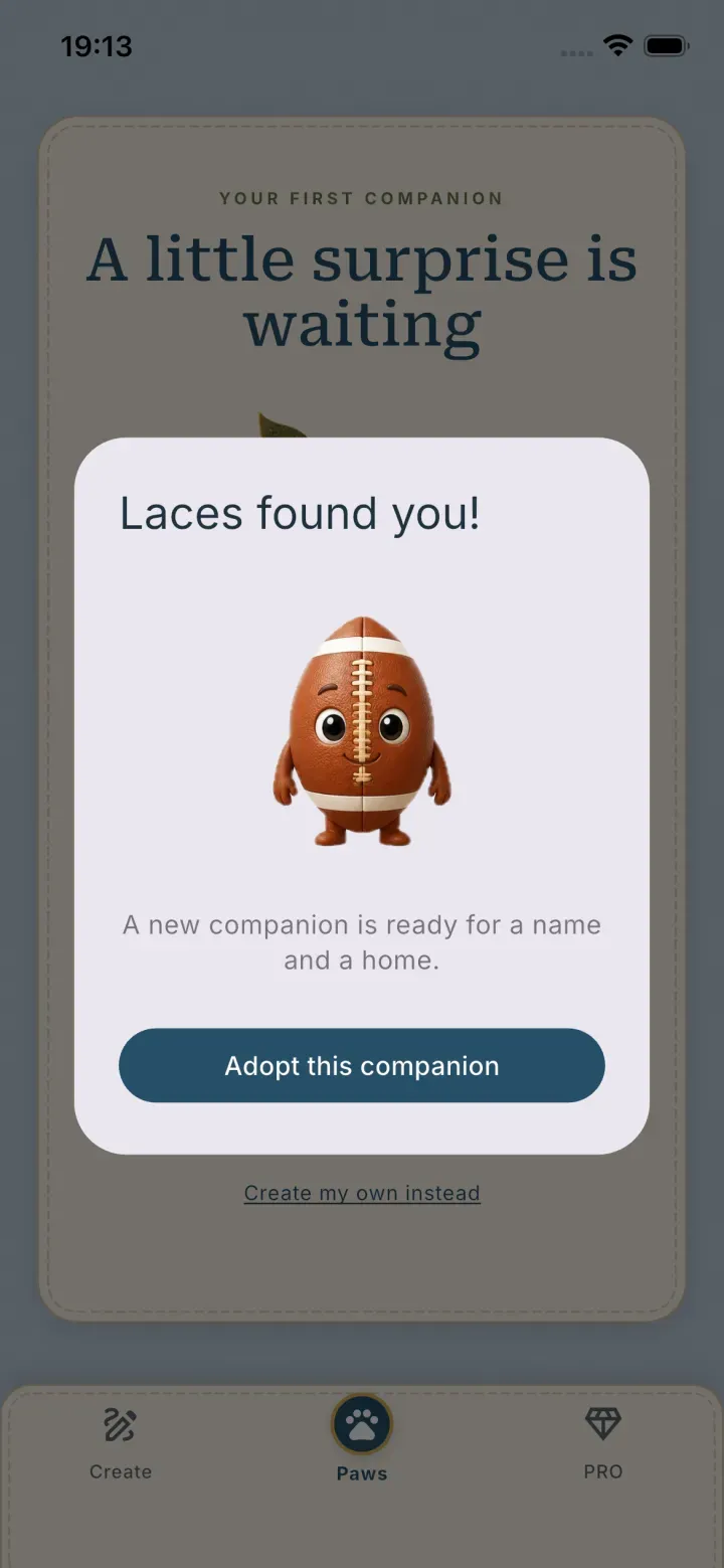 A PetPip adoption card revealing Laces as the random first companion.