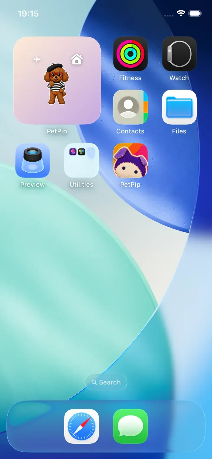 A PetPip companion visible in a Home Screen widget beside the PetPip app icon.