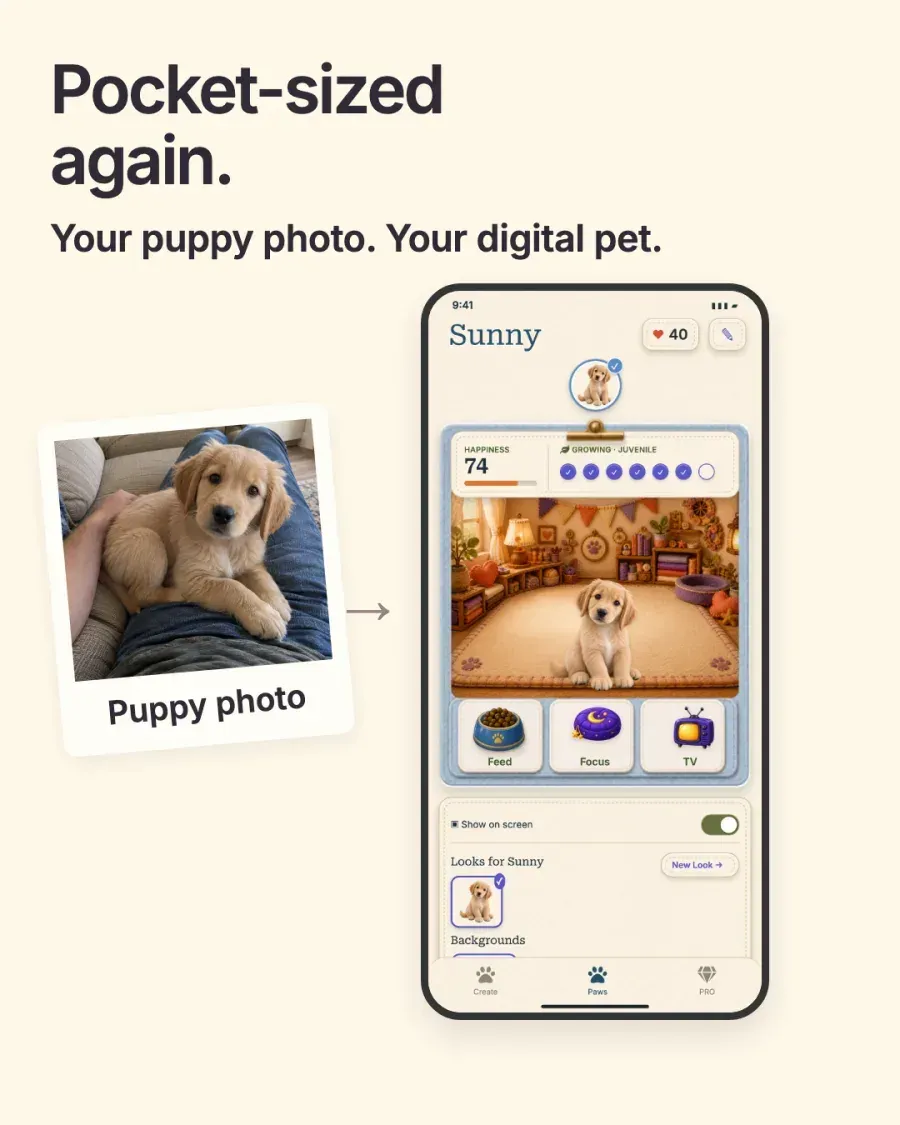 An approved PetPip creative example showing an early puppy photo becoming a small virtual companion inside an ongoing care experience.