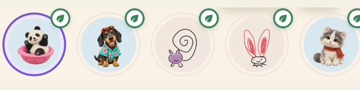 The real Paws portrait row showing a panda selected with a purple outline, beside several other existing companions.