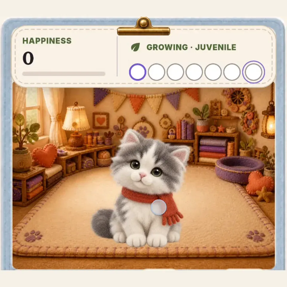 The actual gray-and-white kitten companion in PetPip, with a white nose stripe, pink nose, and orange scarf.