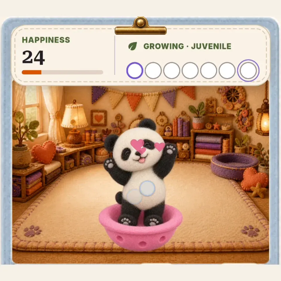 The panda companion in its actual PetPip room beneath the happiness and growth area.