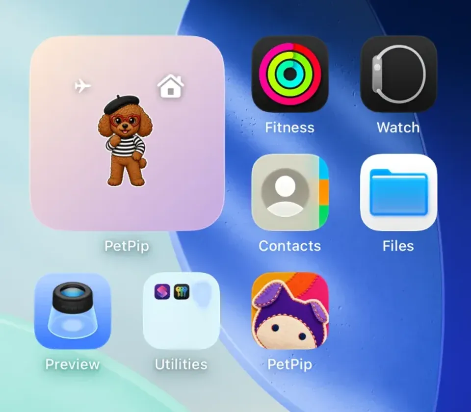 An actual iPhone Home Screen with the Momo companion in a square PetPip widget beside app icons.