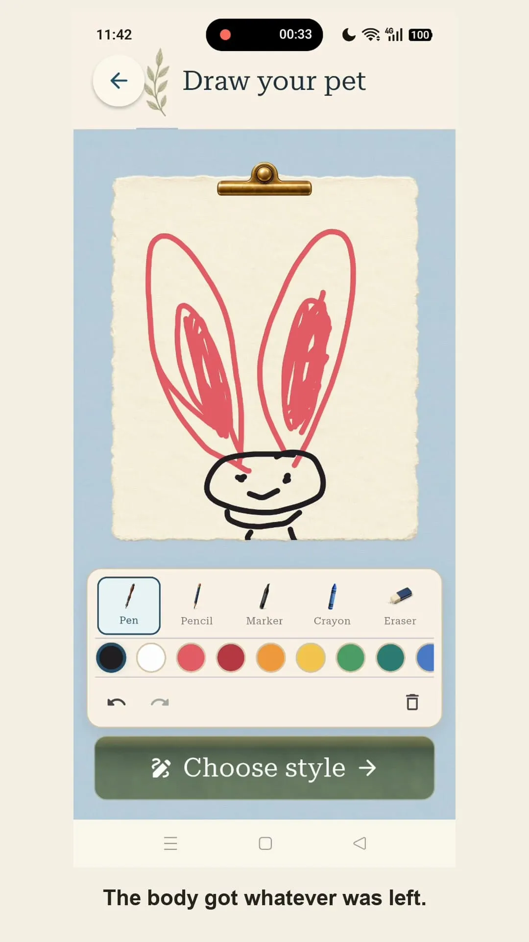 The completed rabbit doodle with enormous pink ears and a very small black-and-white body.