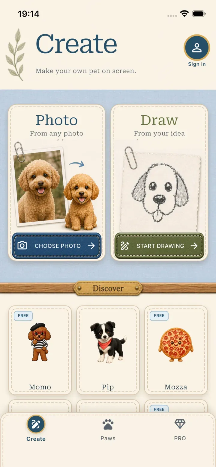 The current PetPip Create screen with Photo, Draw, and Discover options.
