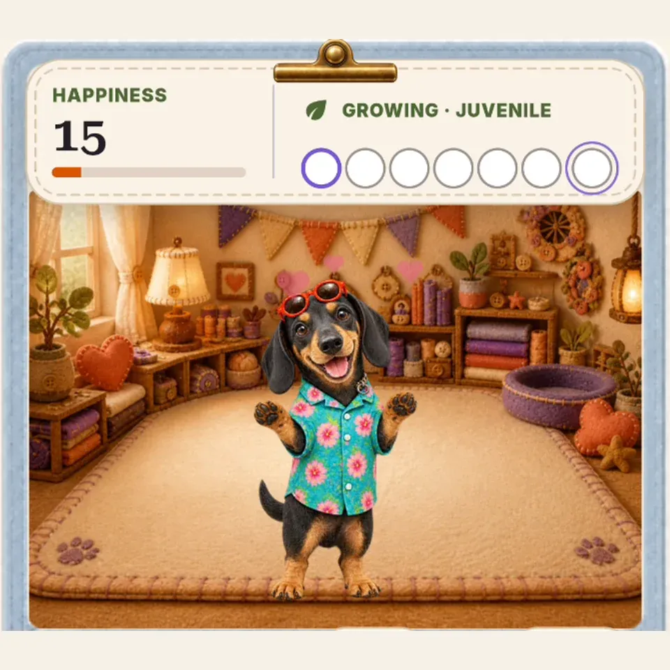 The actual PetPip dachshund companion retaining dark ears and tan face markings while wearing a floral shirt and sunglasses.
