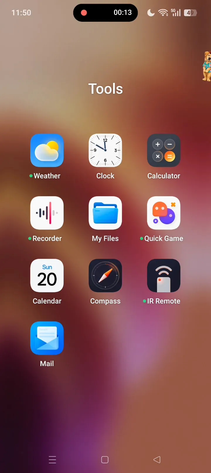 A golden dog at the right edge of an Android folder, from an actual PetPip screen recording.