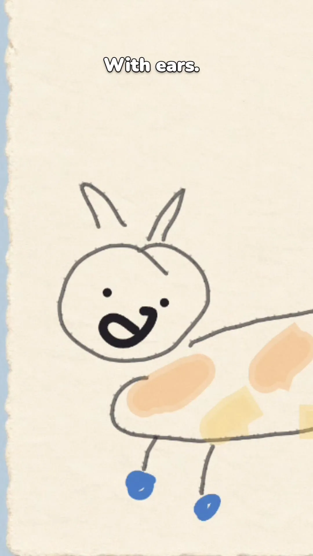 The completed doodle with uneven ears, an elongated body, patchy color, blue feet, and a curled tail.