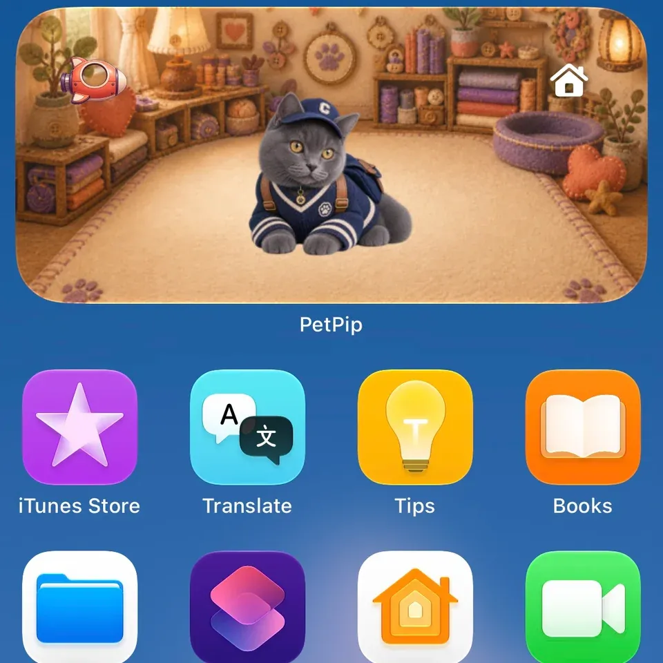 A supplied iPhone screenshot showing a gray cat companion in a PetPip Home Screen widget above app icons.