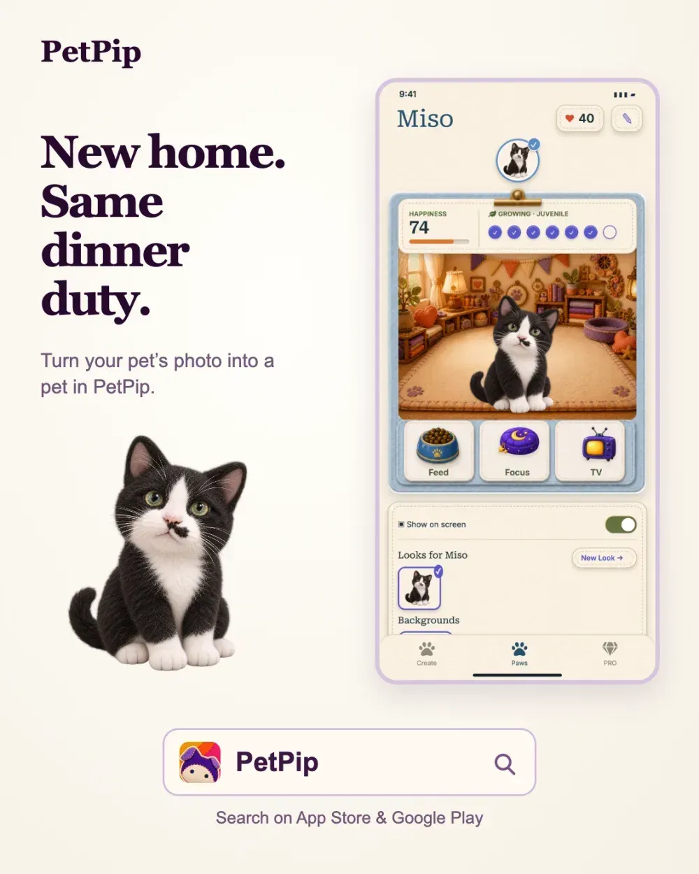 An approved PetPip creative example showing a personal virtual pet inside its ongoing care experience.