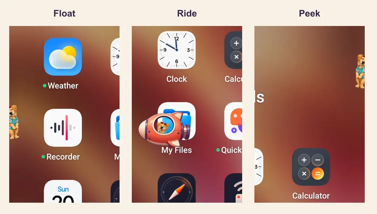 Three crops from one real Android recording, showing a golden dog floating, riding its coral craft, and appearing at the edge.