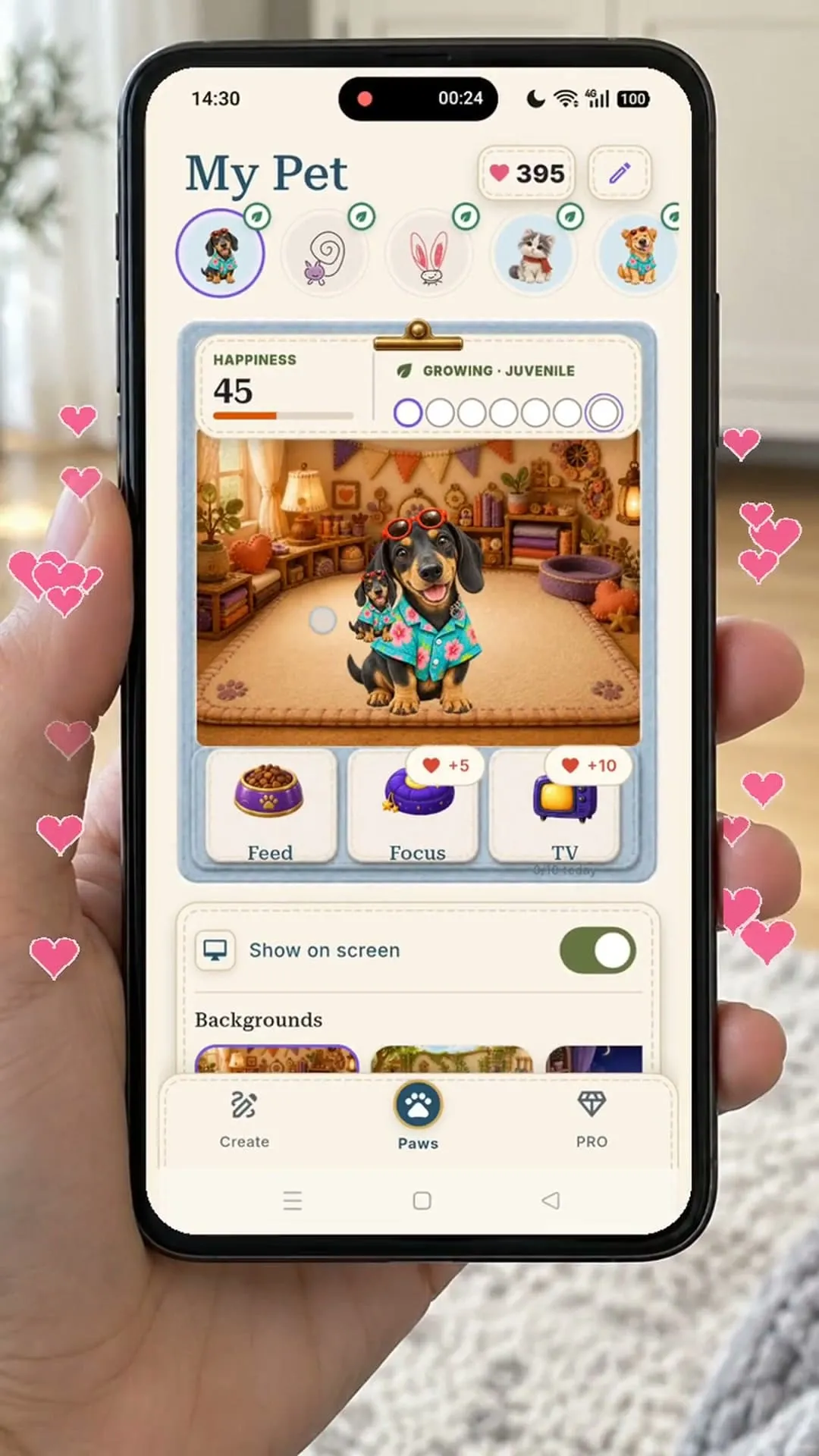 The PetPip companion shown in the app with the Show on screen control enabled.
