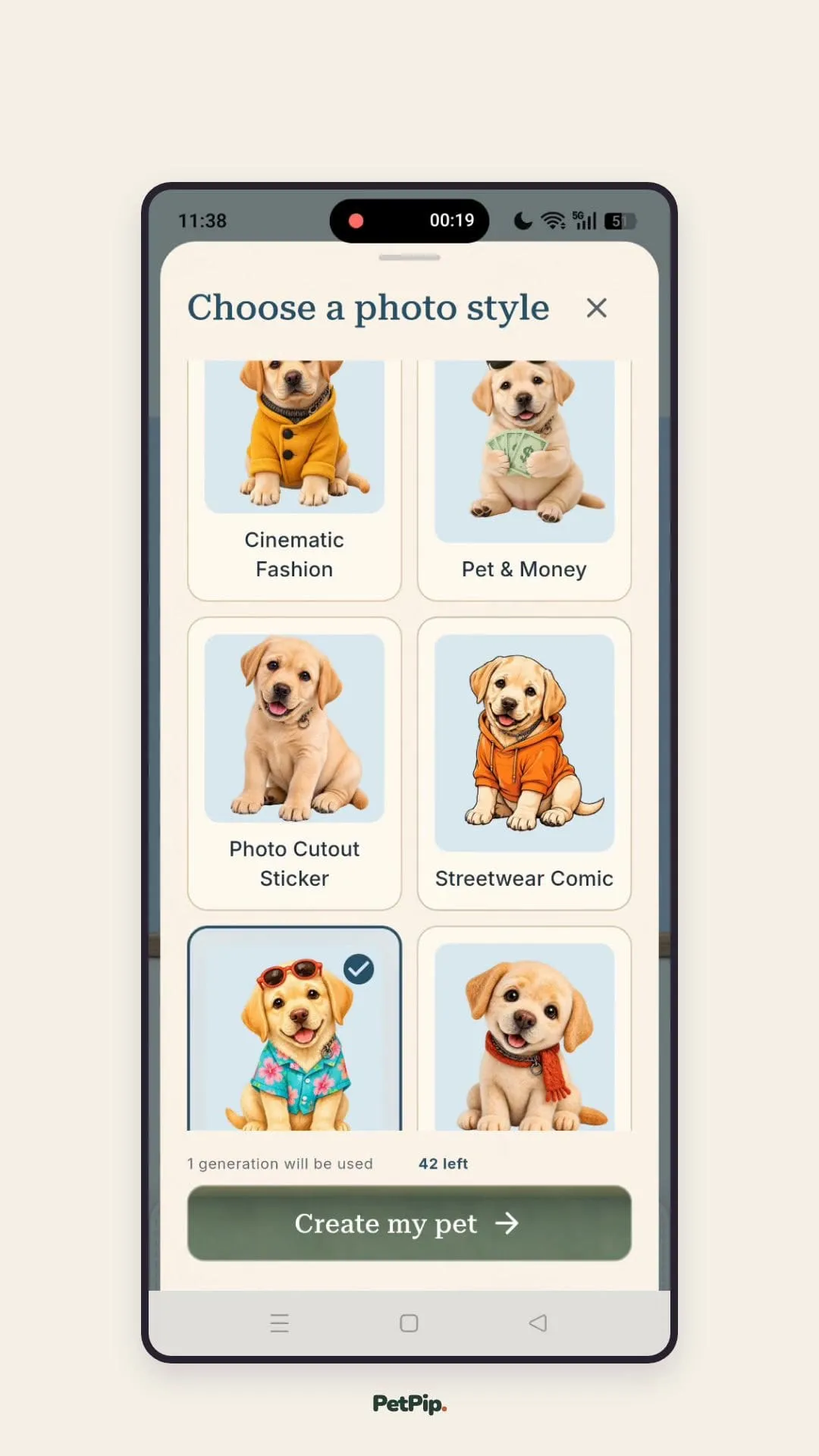 PetPip showing several interpretation styles for the selected dog photo.