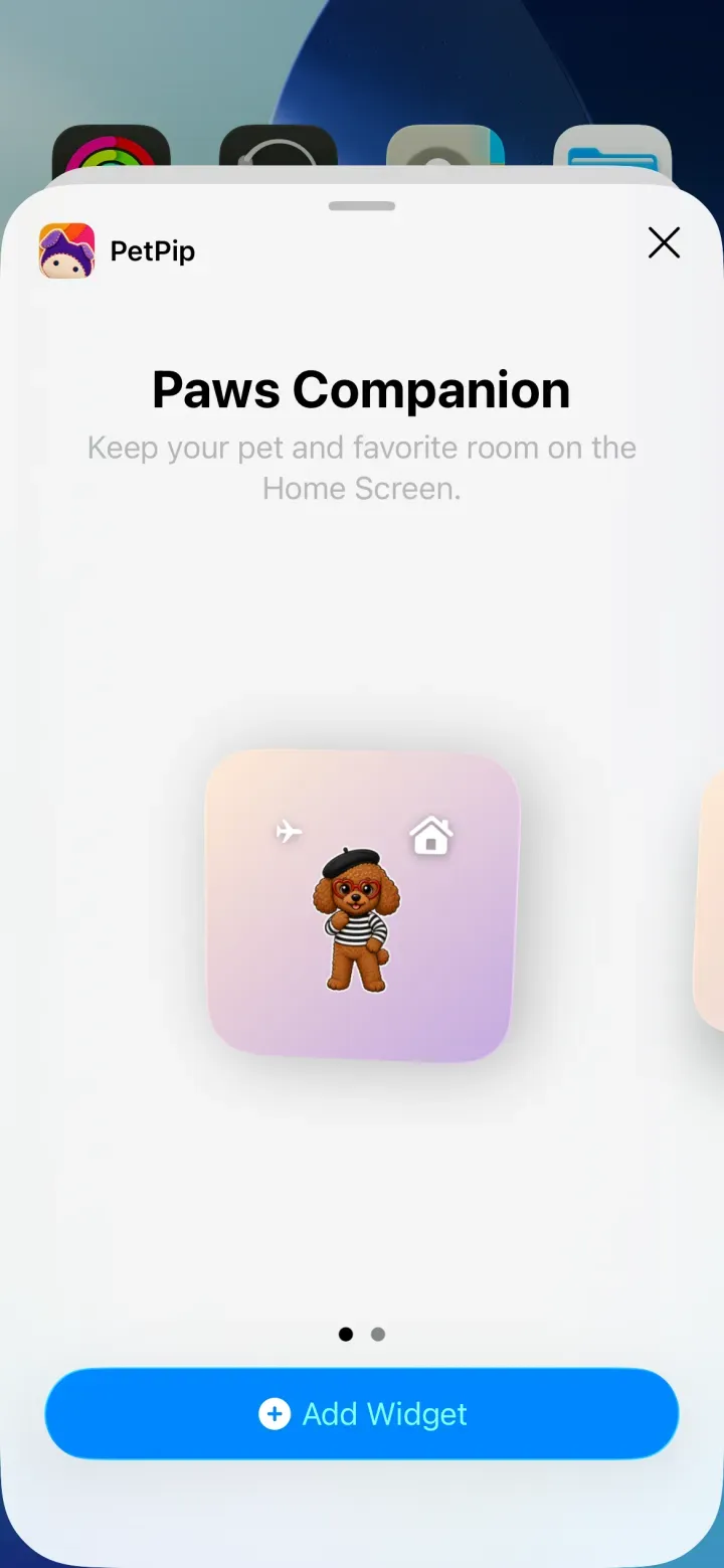 The PetPip Paws Companion widget preview with an Add Widget button.
