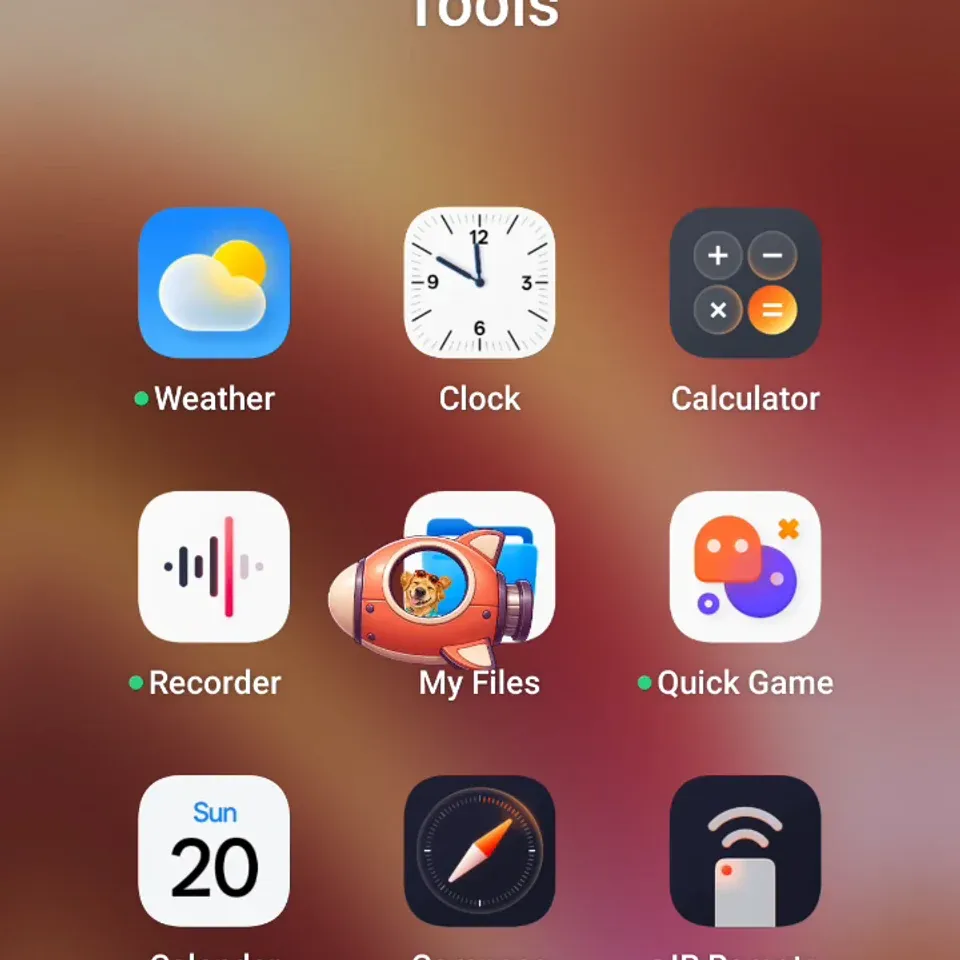 A frame from an actual Android recording showing the dog riding its spacecraft over a folder of apps.